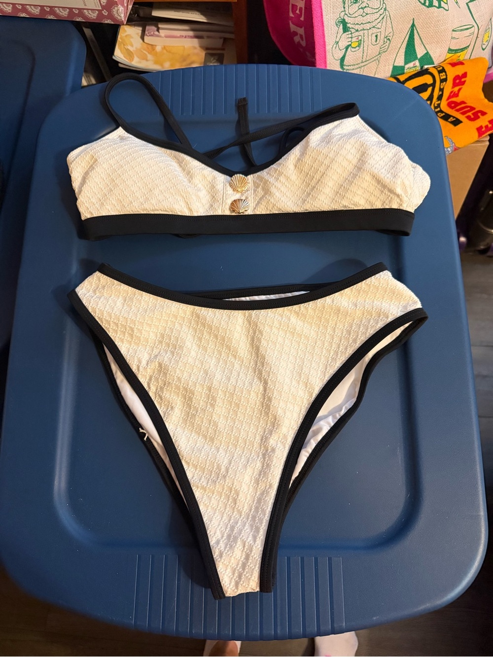Cupshe White Textured Bikini with Black Trim and Shell Accents